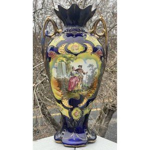 18 3/8" LARGE Antique Ceramic Vase 'Dudley' Transfer Print Cobalt Blue Gilt